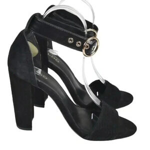 Aldo  Suede Ankle Strap Block Heel Black Strappy Sandal Open Toe Size 7.5